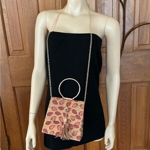 Savanna Crossbody cork Bag with Pink/red Strawberry Print and Tassel.
